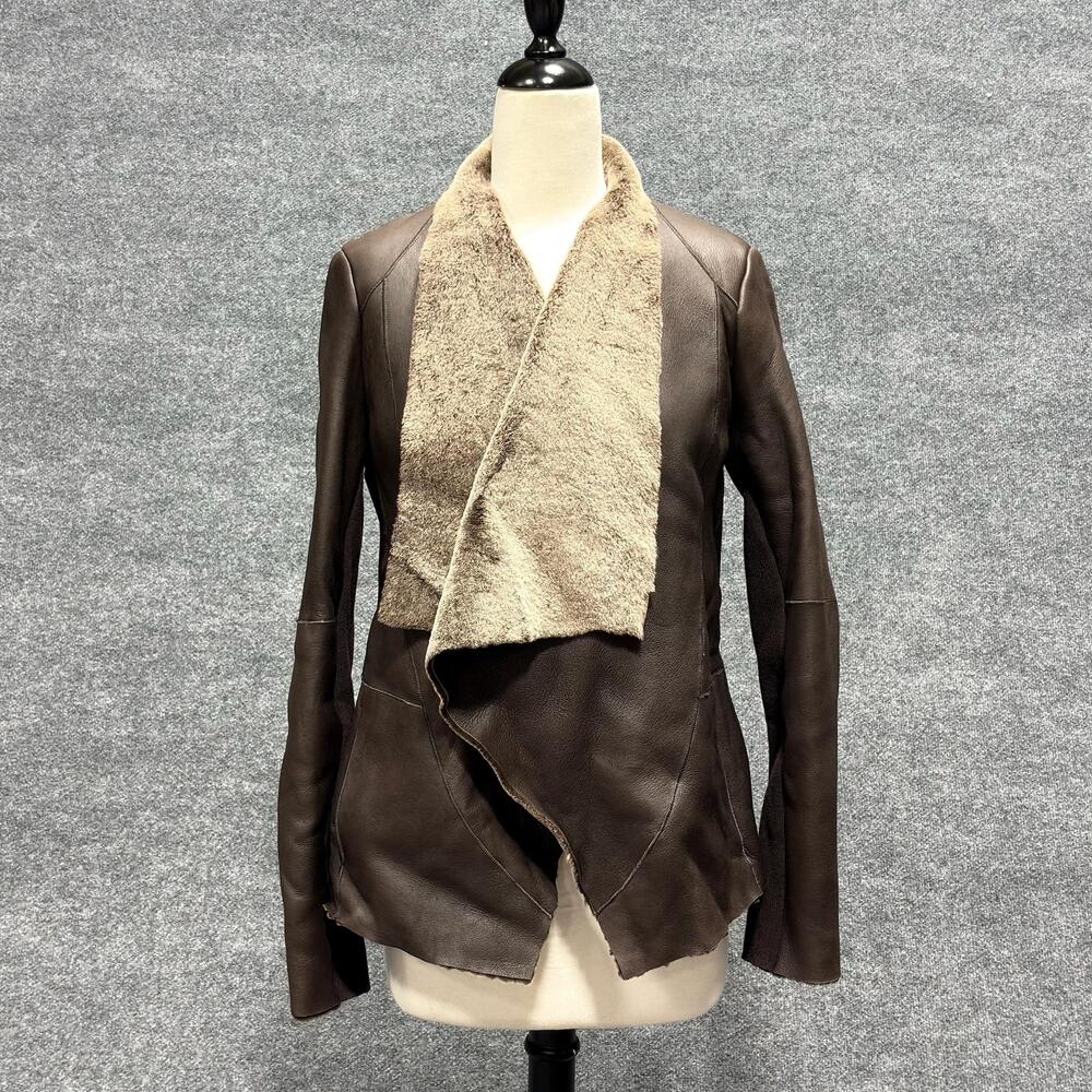 Vince Jacket Womens Medium Brown Shearling Lambskin Open Front Collar Draped